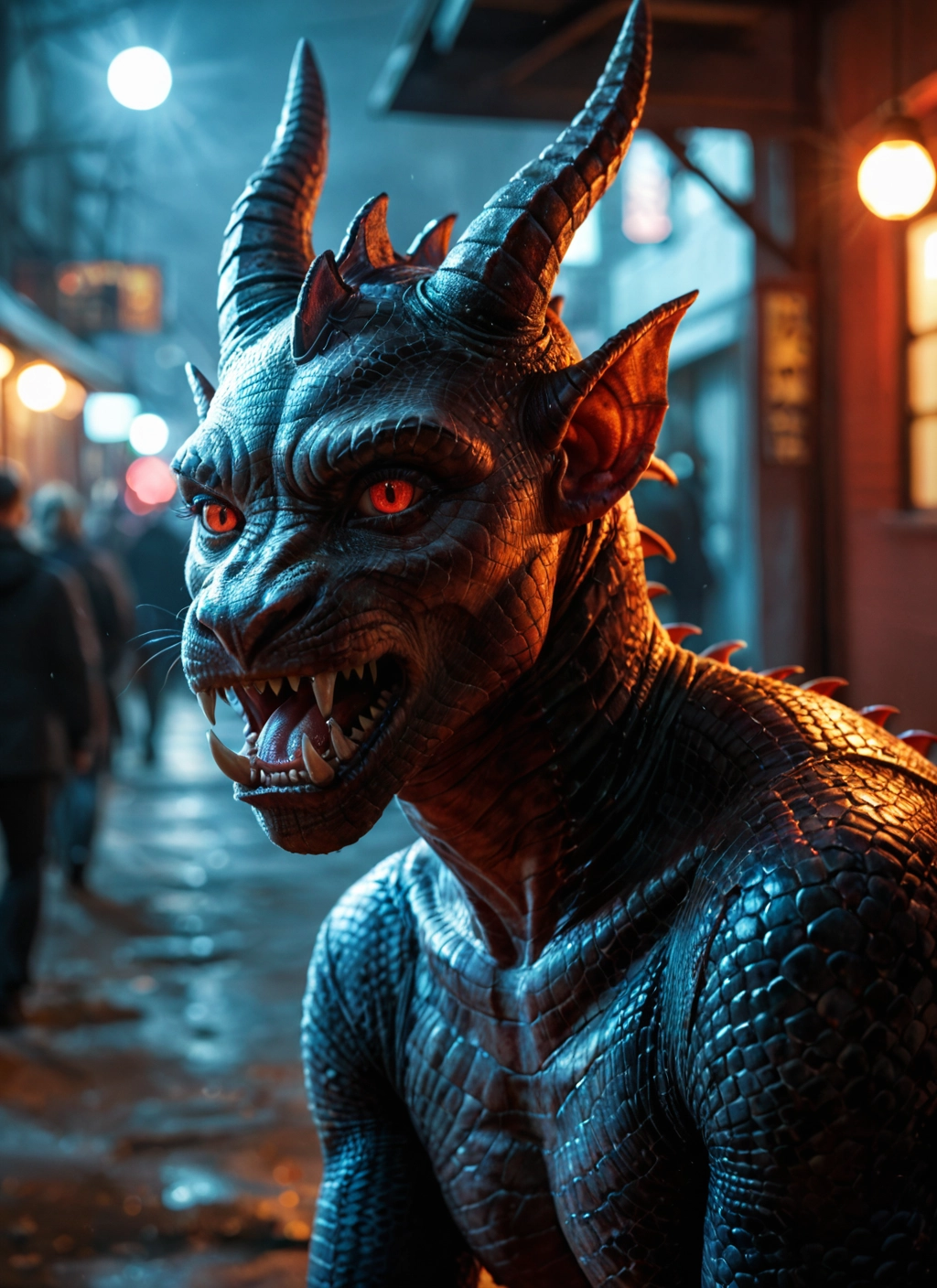 horns, teeth, red eyes, open mouth, sharp teeth, blurry · Yamete.gg