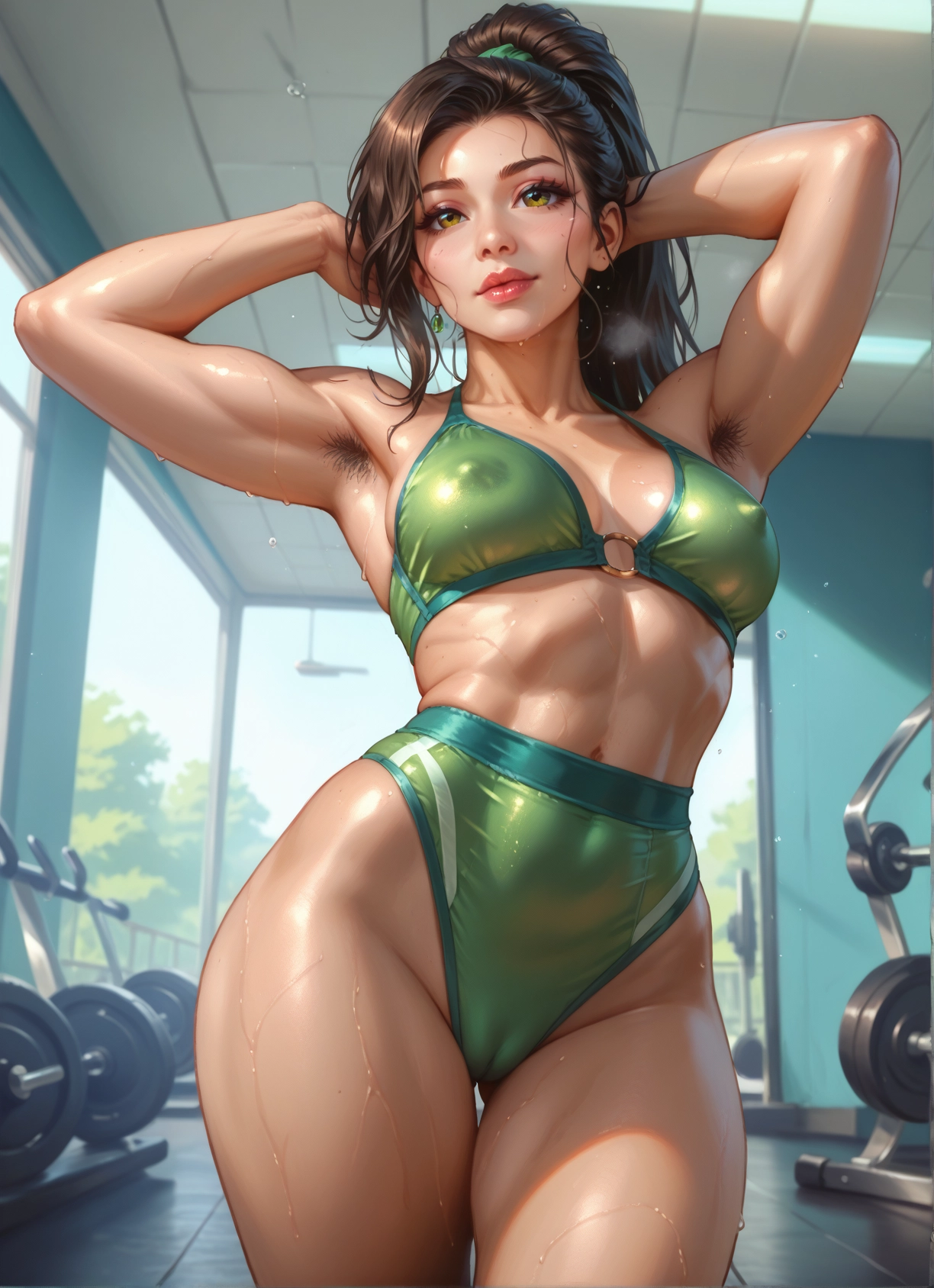 1girl, brown hair, breasts, armpit hair, solo, jewelry · Yamete.gg
