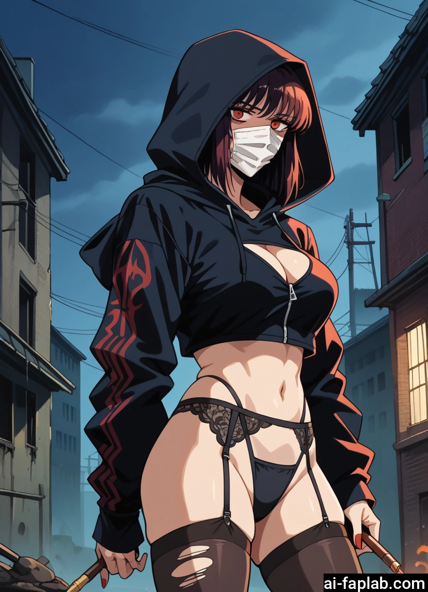 1girl, breasts, mask, thighhighs, hood, mouth mask