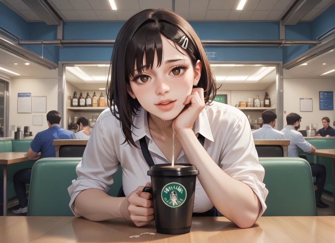 shirt, hair ornament, cup, looking at viewer, hairclip, white shirt · Yamete.gg