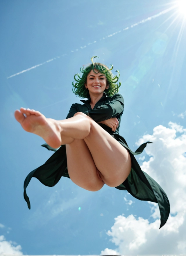 1girl, solo, pussy, barefoot, feet, green hair · Yamete.gg