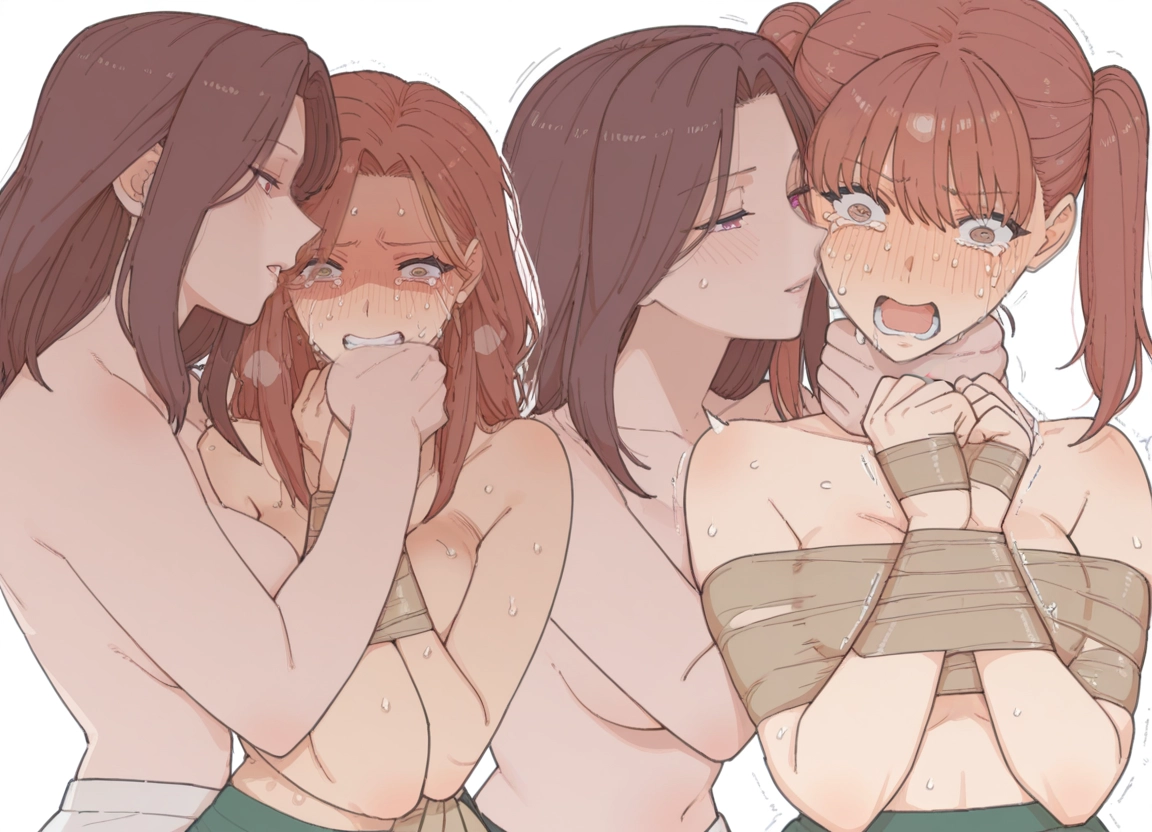 multiple girls, breasts, yuri, bound, tears, blush