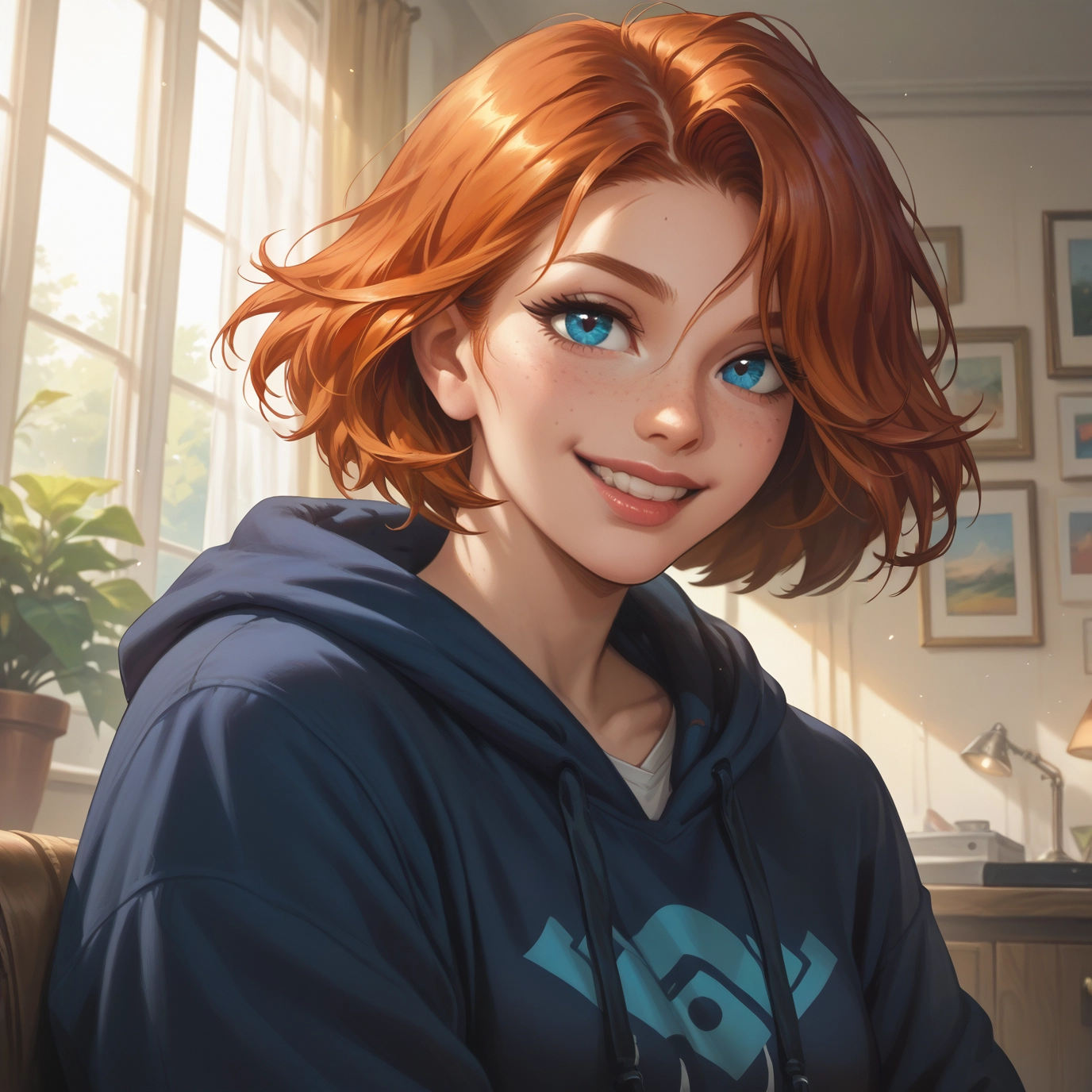 1girl, freckles, smile, solo, hood, blue eyes · Yamete.gg
