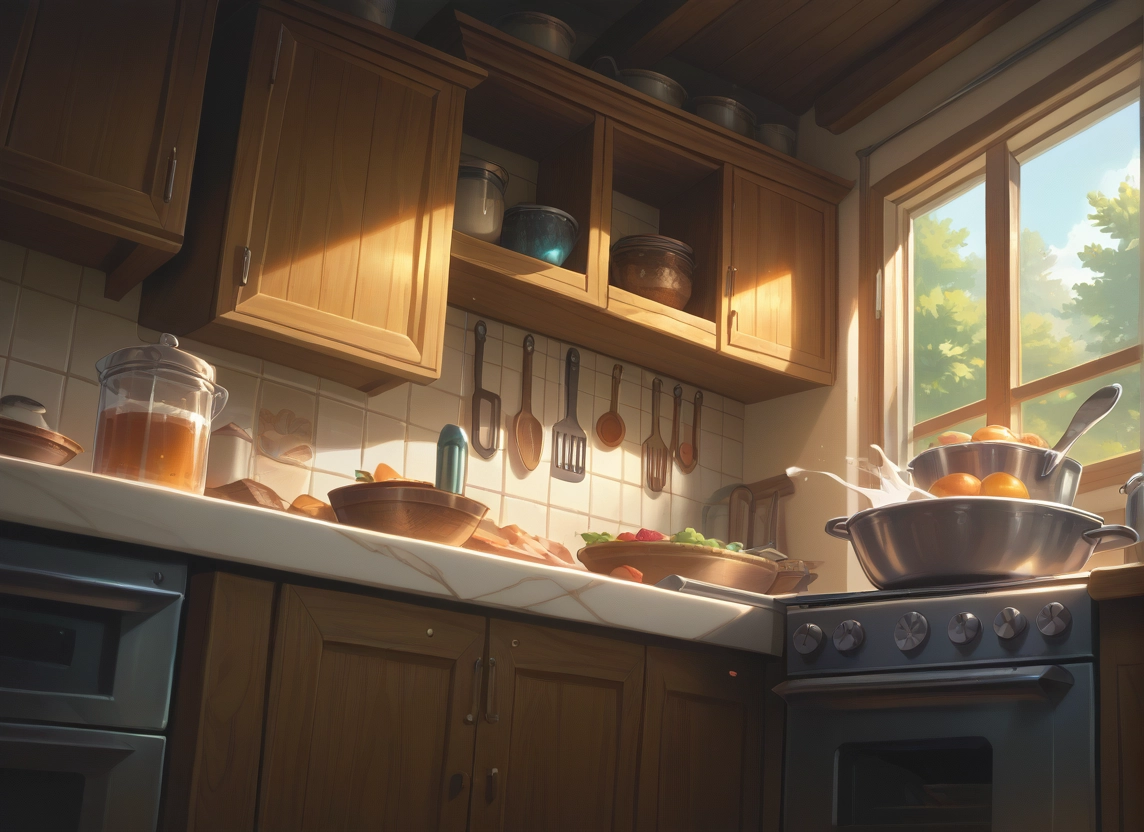 no humans, kitchen, window, tree, scenery, food · Yamete.gg