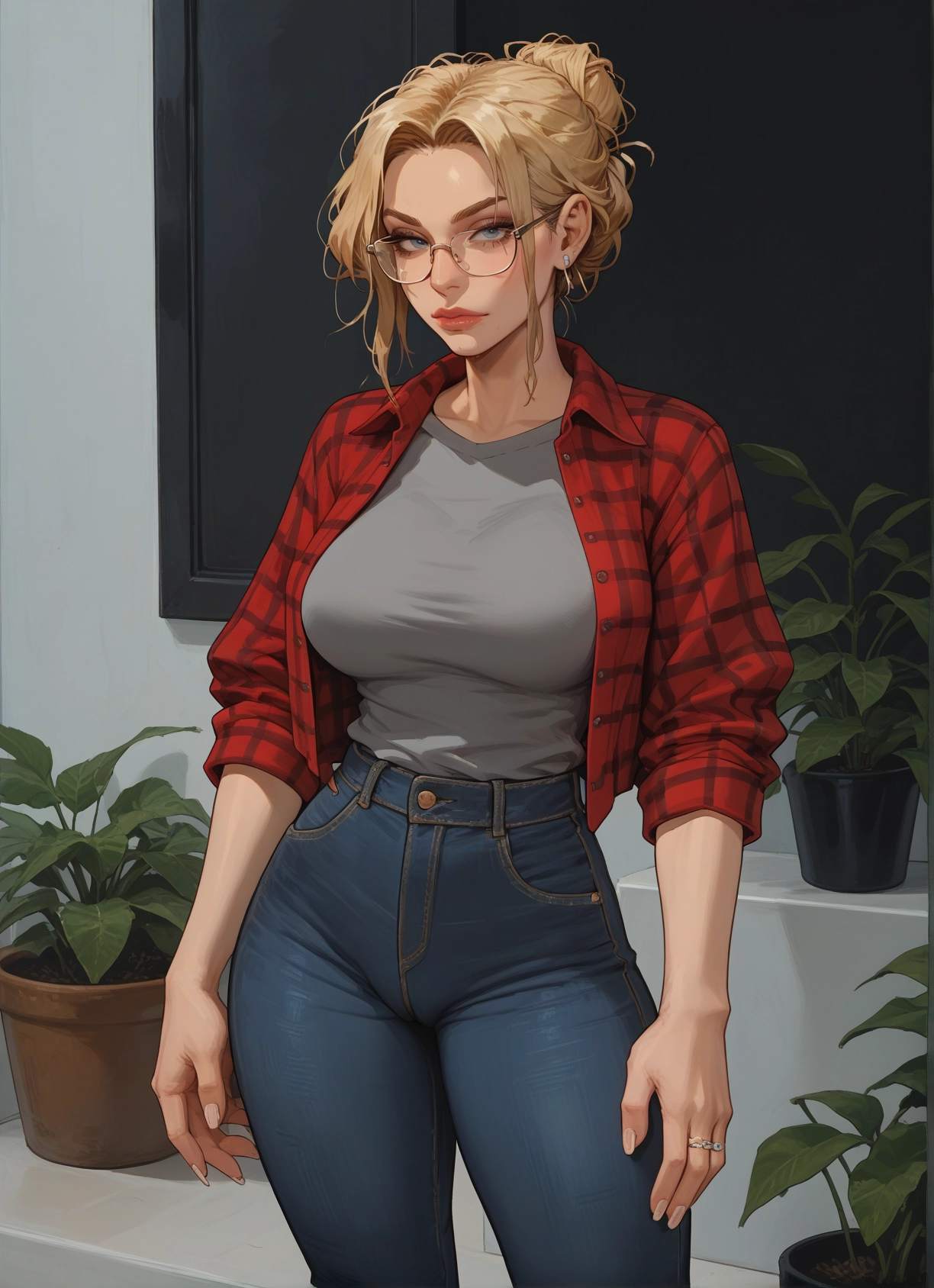 1girl, blonde hair, jewelry, pants, glasses, breasts · Yamete.gg