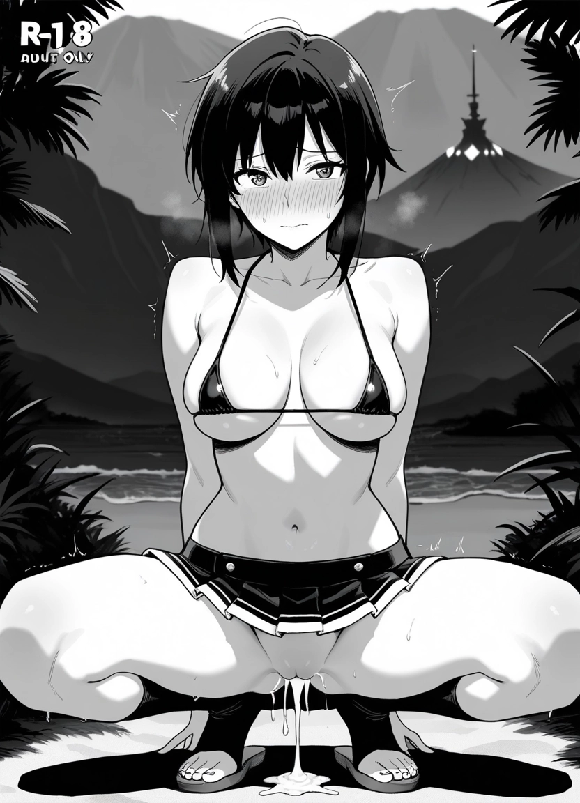 1girl, greyscale, monochrome, solo, swimsuit, bikini · Yamete.gg