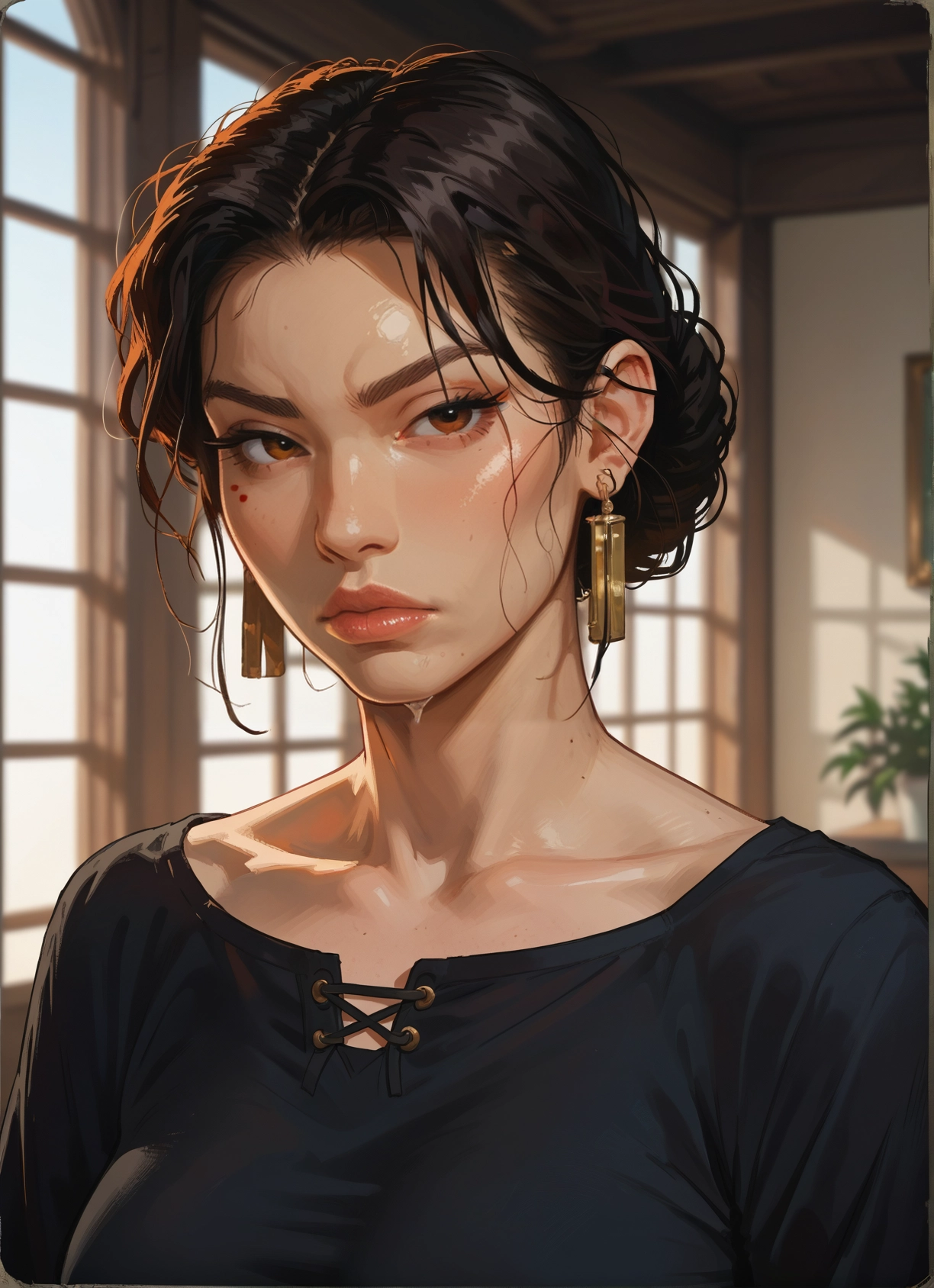 1girl, solo, jewelry, earrings, brown eyes, mole · Yamete.gg