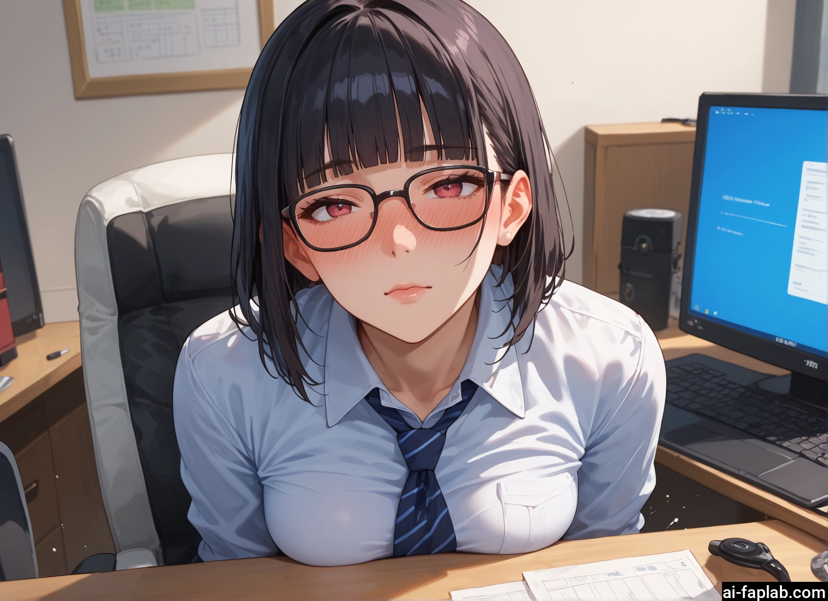1girl, glasses, blush, solo, necktie, breasts · Yamete.gg
