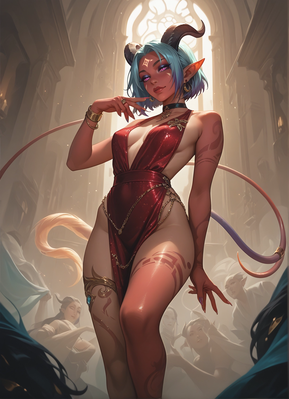 horns, breasts, tail, jewelry, pointy ears, dress · Yamete.gg