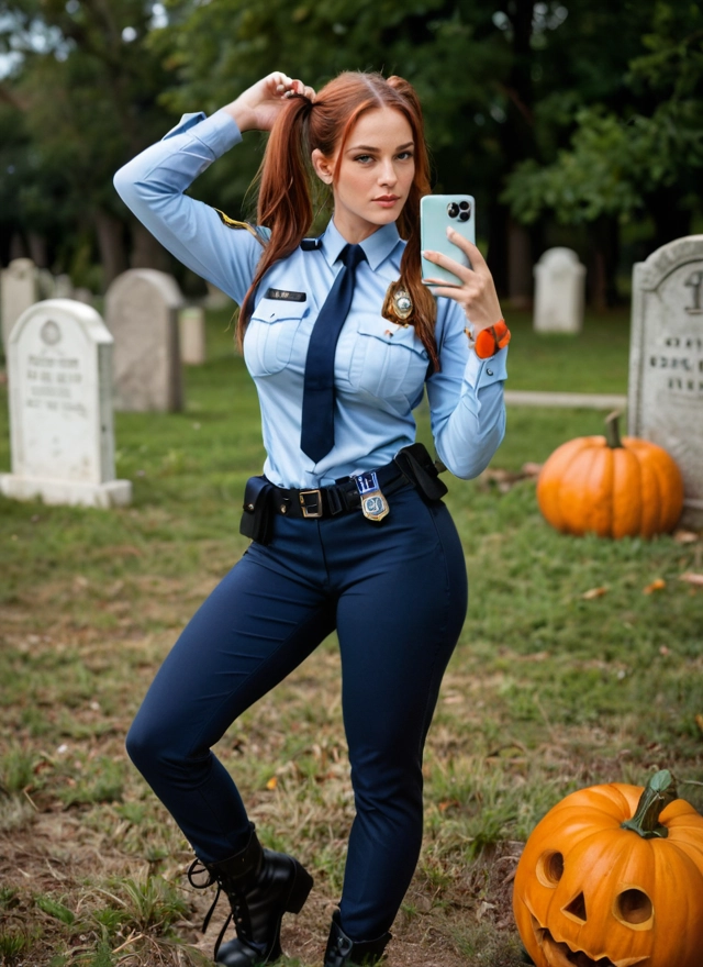 1girl, phone, necktie, cellphone, pants, jack-o'-lantern · Yamete.gg