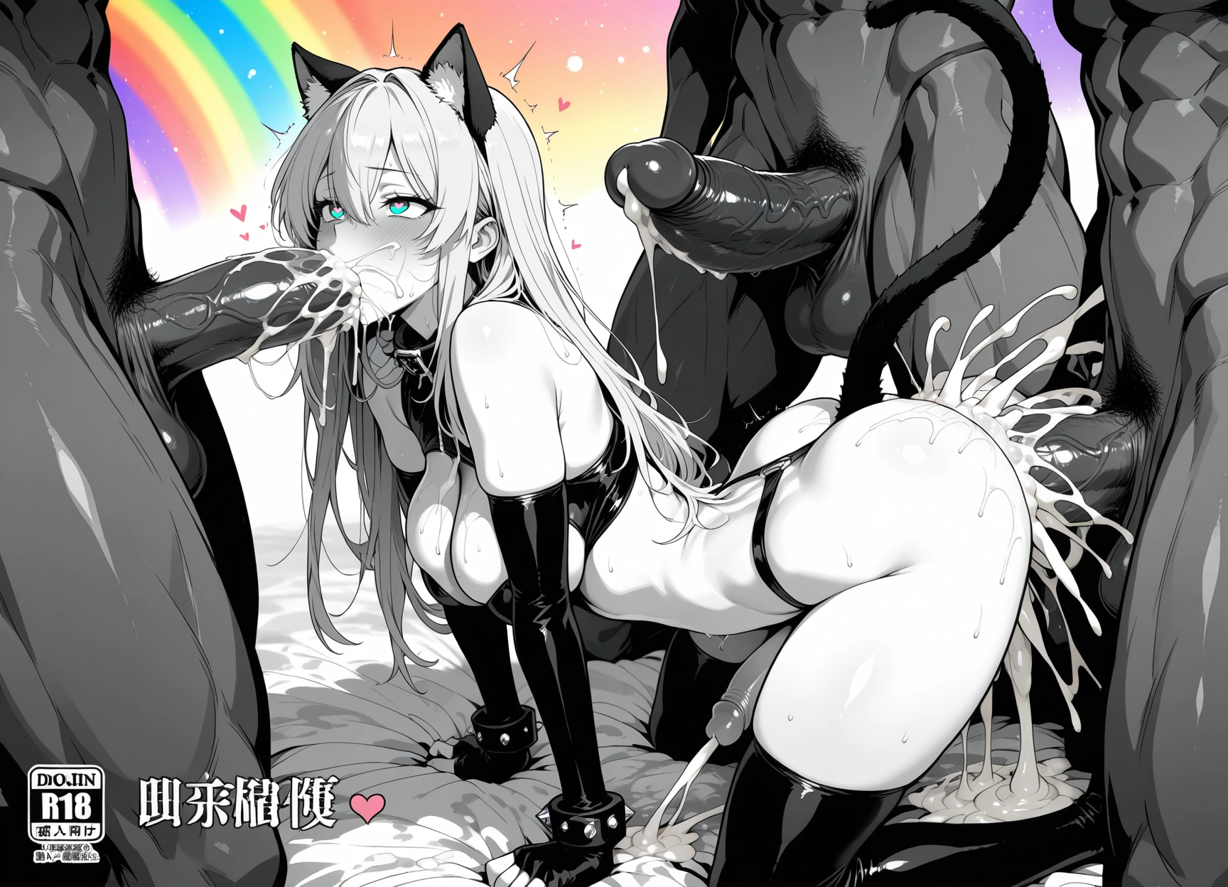breasts, 1girl, cum, penis, animal ears, rainbow · Yamete.gg