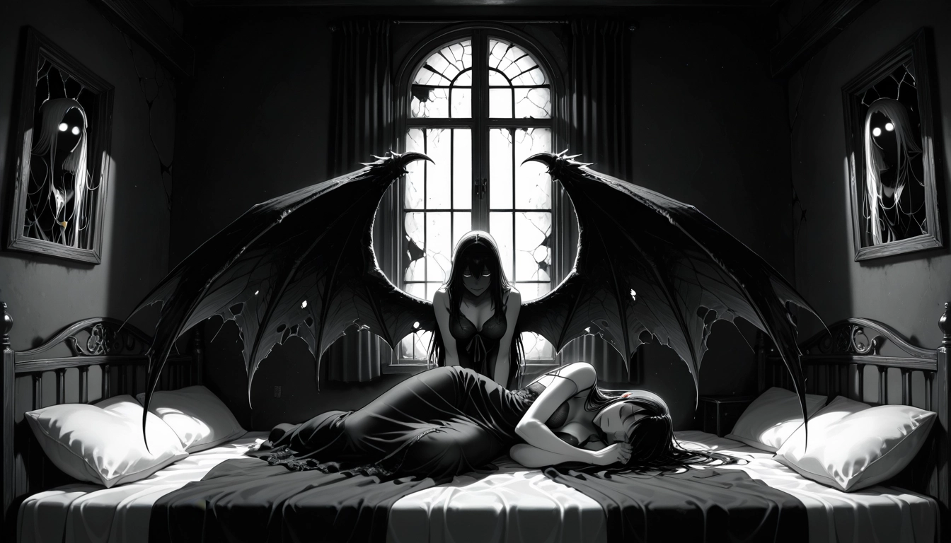 wings, bed, multiple girls, pillow, monochrome, demon wings · Yamete.gg