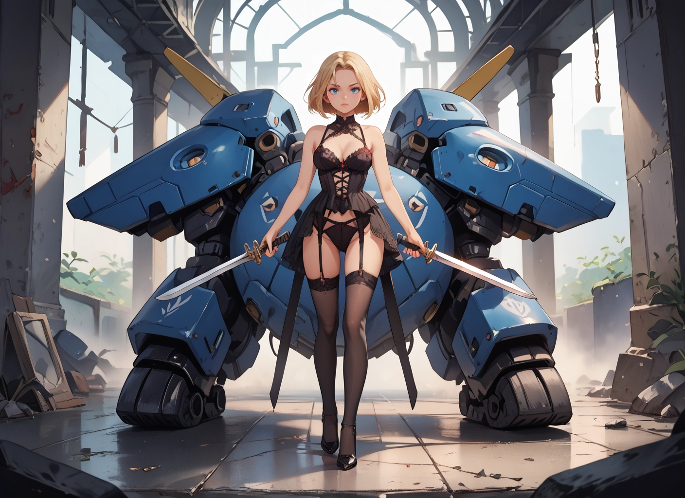 1girl, weapon, sword, underwear, blonde hair, breasts · Yamete.gg