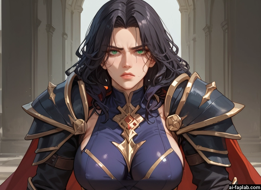 1girl, breasts, green eyes, black hair, solo, armor · Yamete.gg