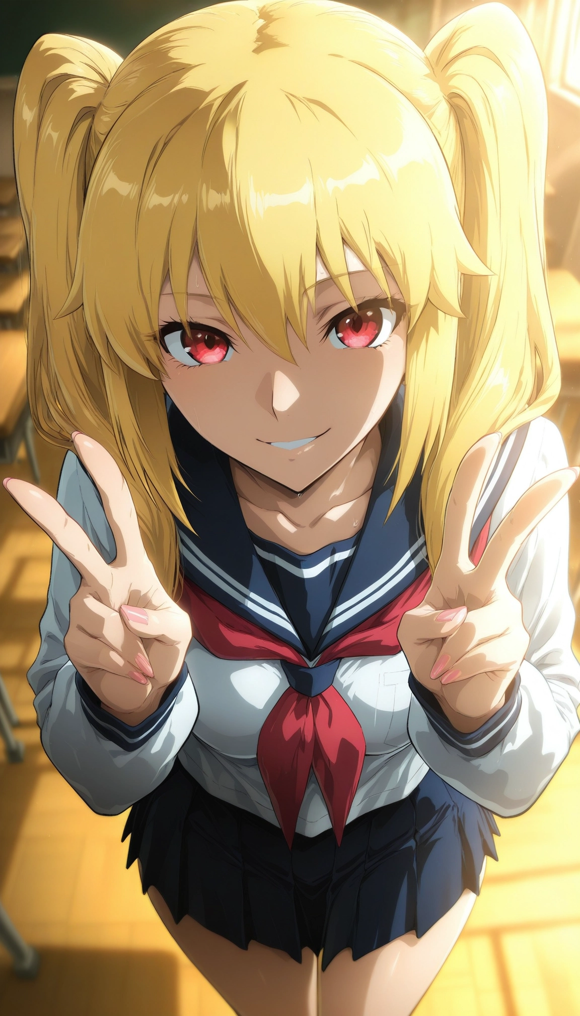1girl, blonde hair, school uniform, twintails, skirt, solo · Yamete.gg