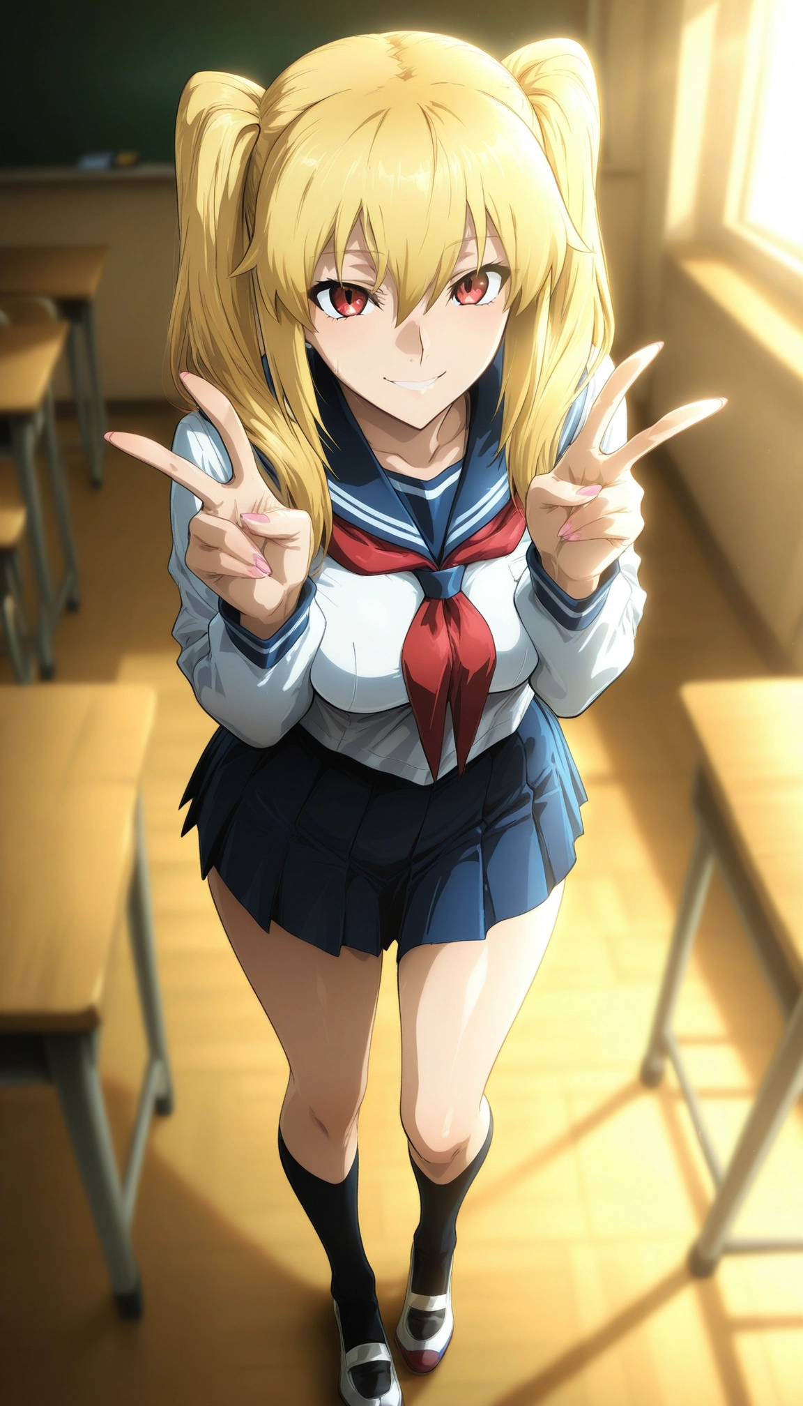 1girl, school uniform, blonde hair, double v, solo, skirt · Yamete.gg
