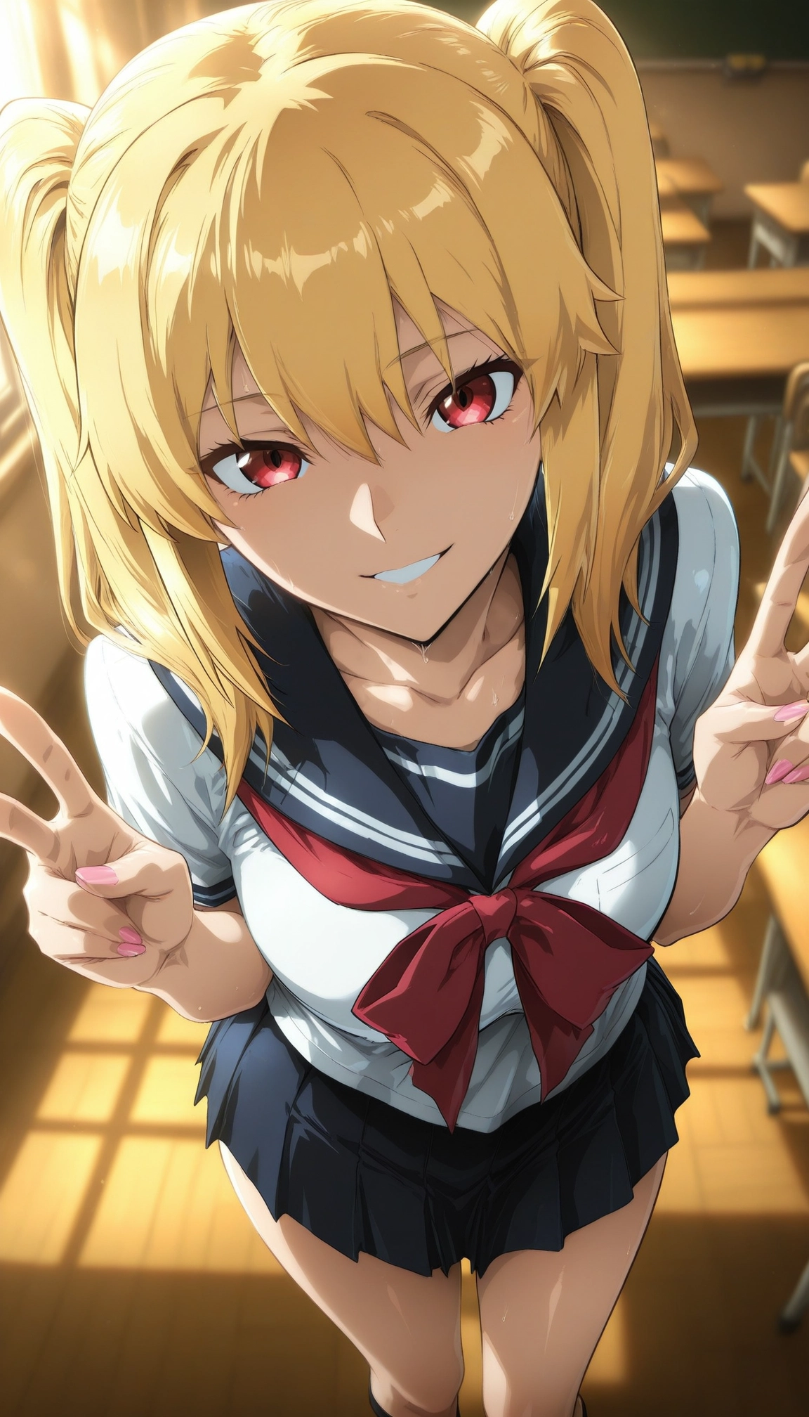 1girl, blonde hair, school uniform, solo, red eyes, smile · Yamete.gg