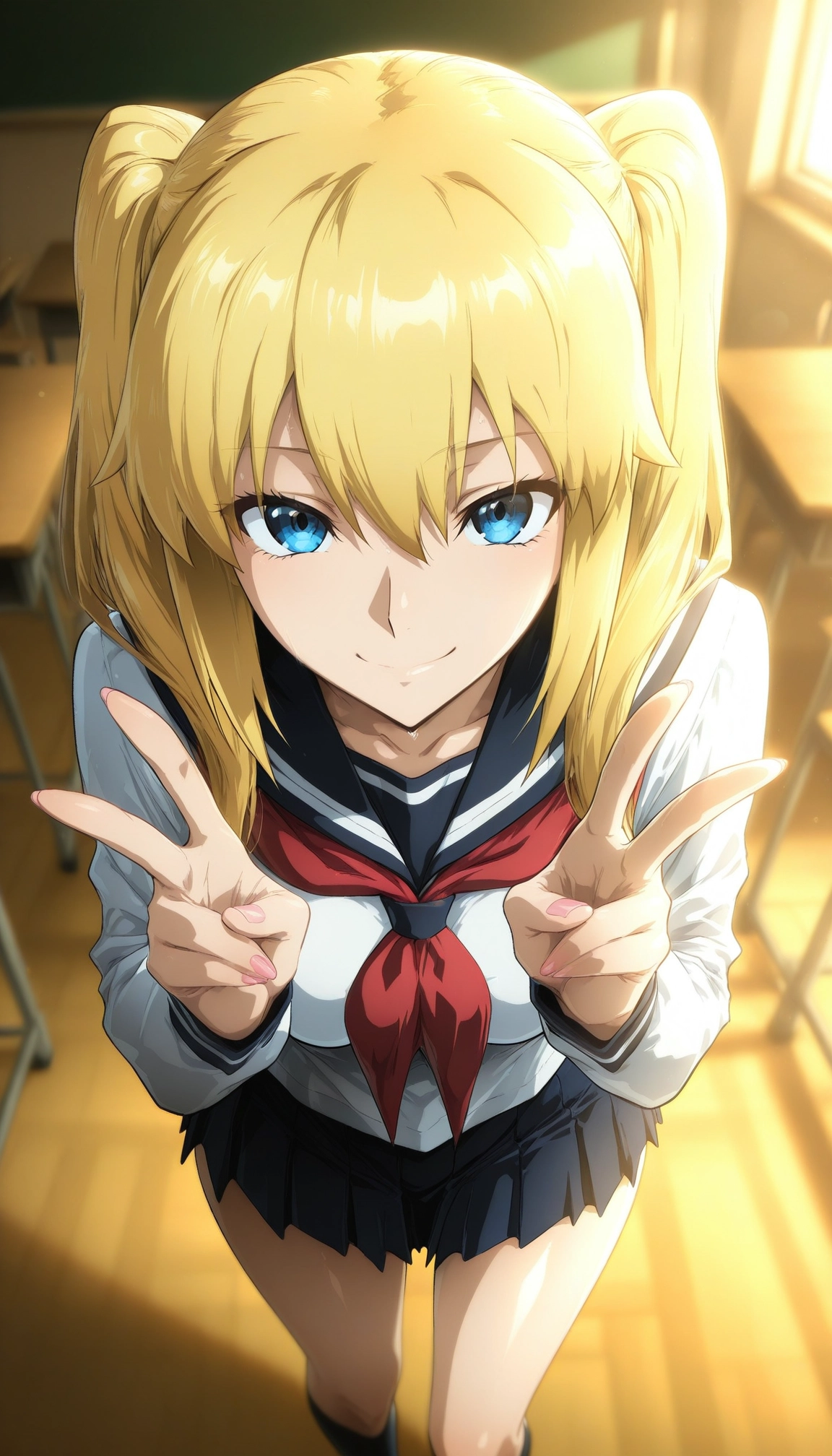 1girl, blonde hair, school uniform, solo, blue eyes, twintails · Yamete.gg
