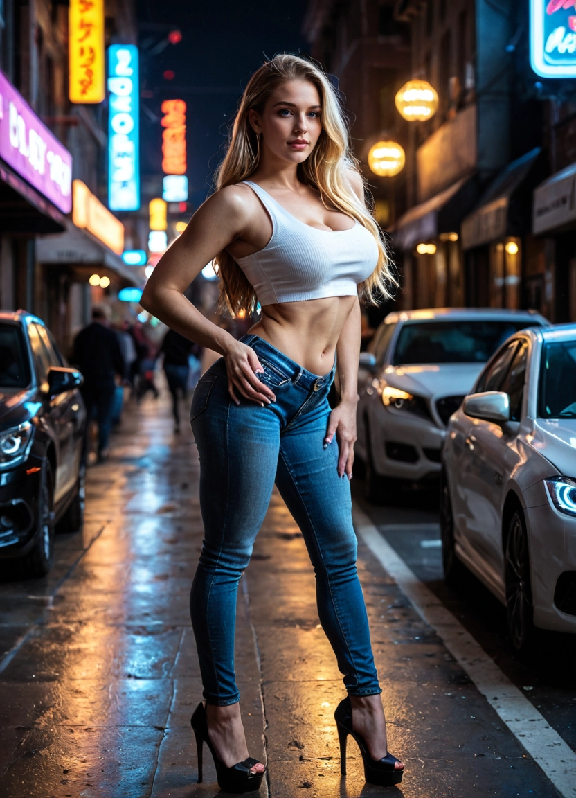 denim, jeans, high heels, breasts, 1girl, car · Yamete.gg