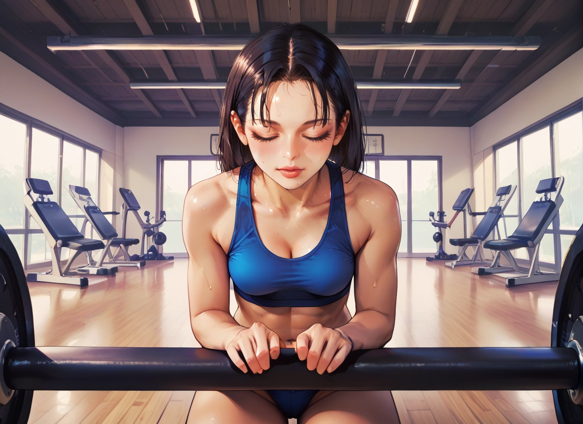 1girl, gym, breasts, exercise, indoors, sweat · Yamete.gg