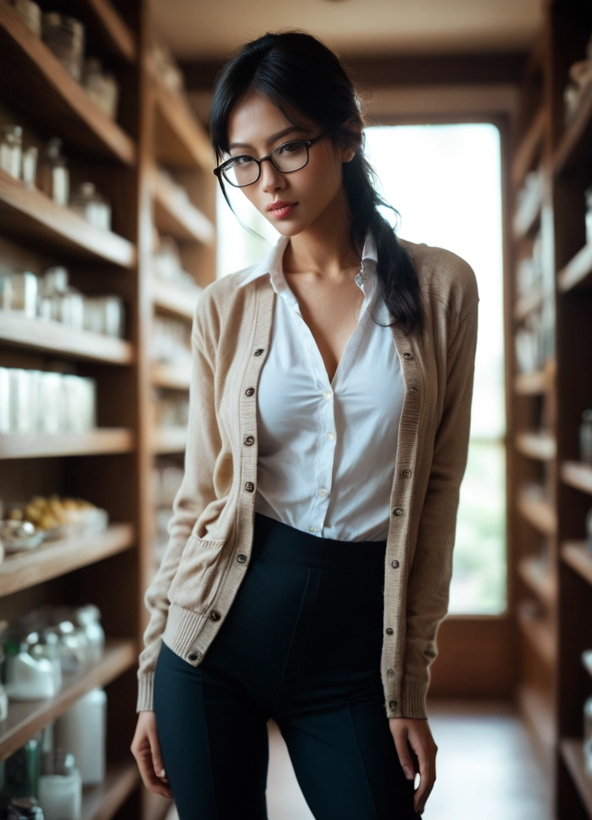 1girl, solo, glasses, black hair, shirt, pants · Yamete.gg
