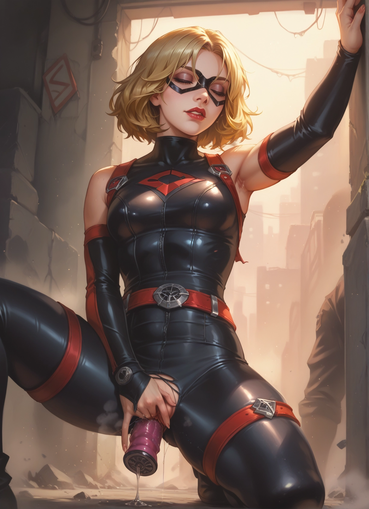 1girl, sex toy, blonde hair, bodysuit, object insertion, dildo · Yamete.gg