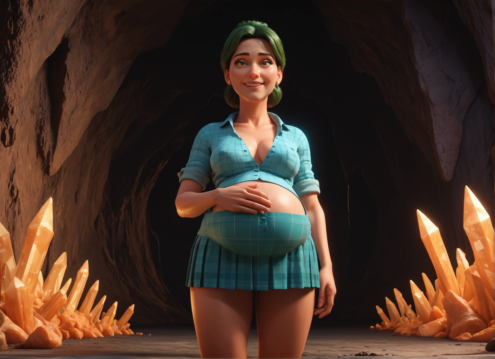 1girl, pregnant, solo, breasts, green hair, cave · Yamete.gg