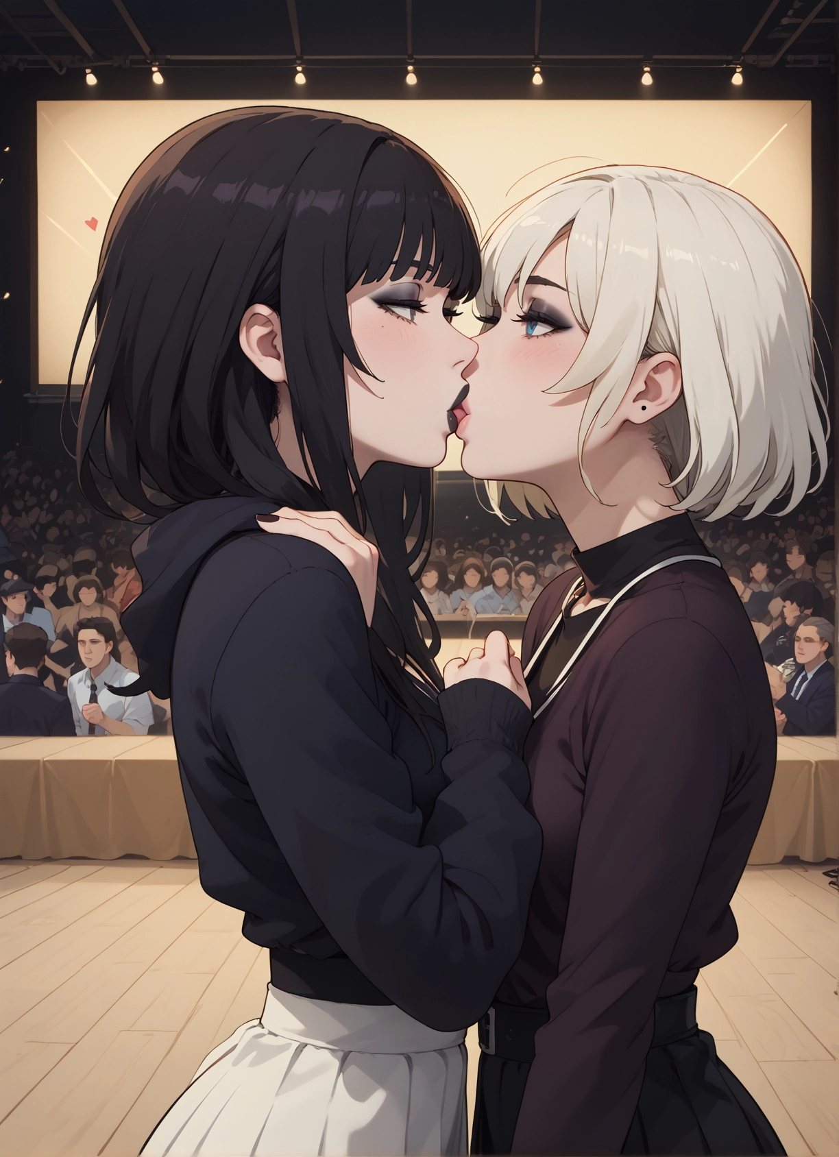 multiple girls, yuri, 2girls, skirt, kiss, makeup · Yamete.gg