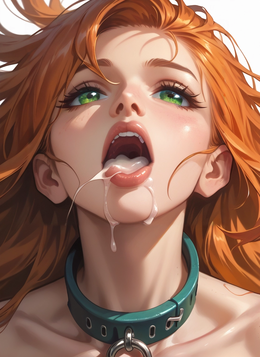 1girl, solo, green eyes, tongue, collar, cum in mouth · Yamete.gg
