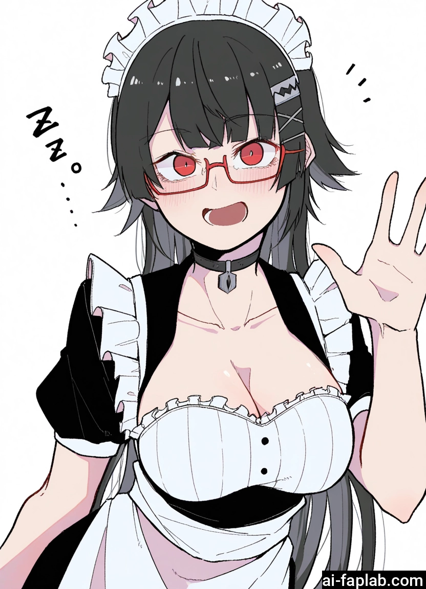 1girl, breasts, glasses, red eyes, maid, maid headdress