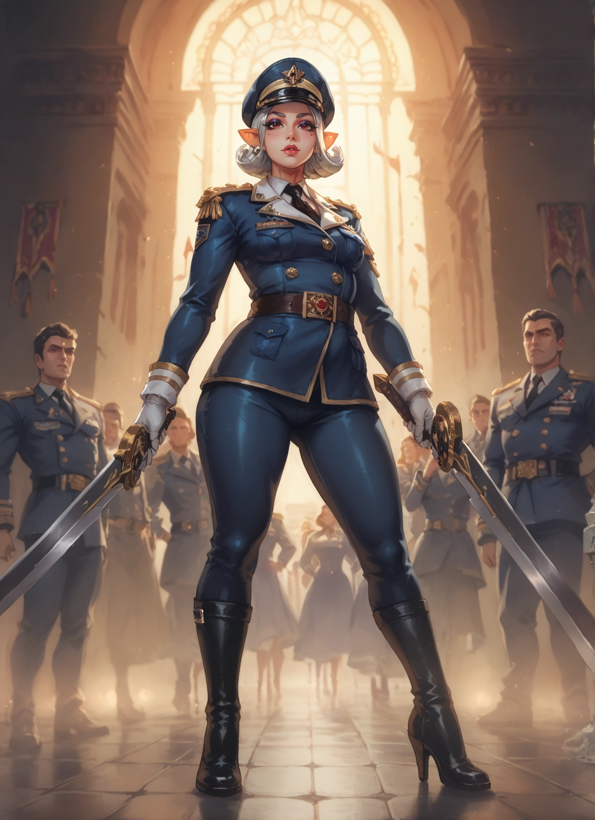 weapon, sword, uniform, boots, pointy ears, hat · Yamete.gg
