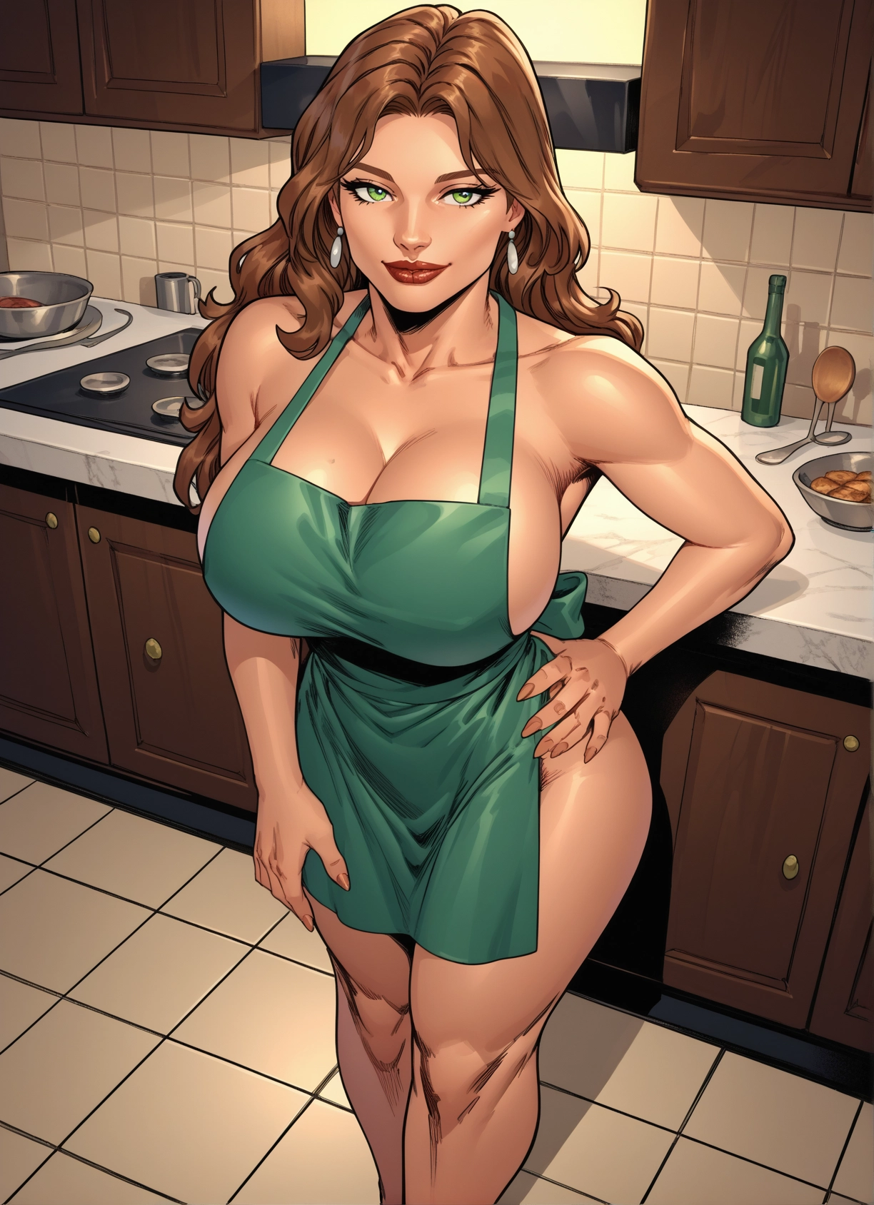 1girl, breasts, apron, naked apron, green eyes, jewelry · Yamete.gg