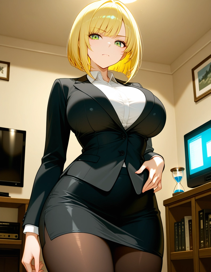 1girl, solo, breasts, blonde hair, green eyes, pantyhose · Yamete.gg