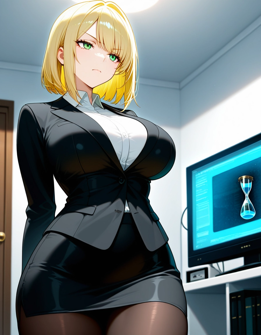 1girl, breasts, blonde hair, solo, green eyes, skirt · Yamete.gg
