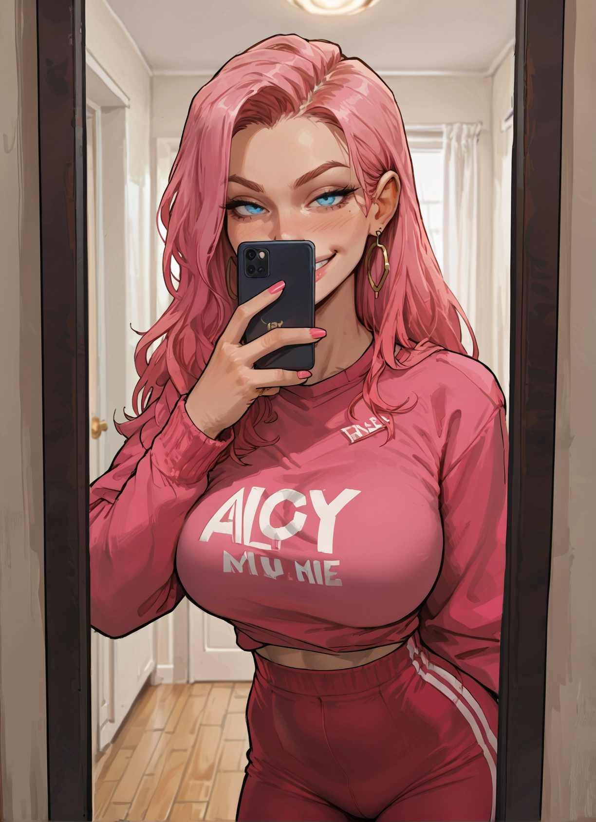 1girl, phone, pink hair, jewelry, breasts, earrings · Yamete.gg
