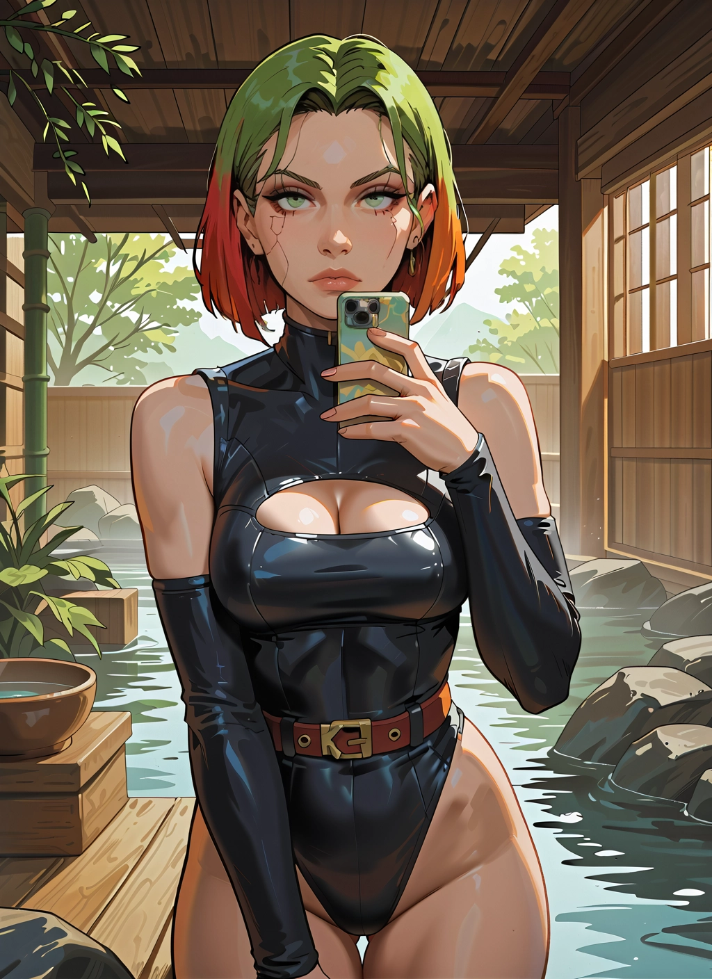 1girl, breasts, phone, solo, green eyes, cellphone · Yamete.gg