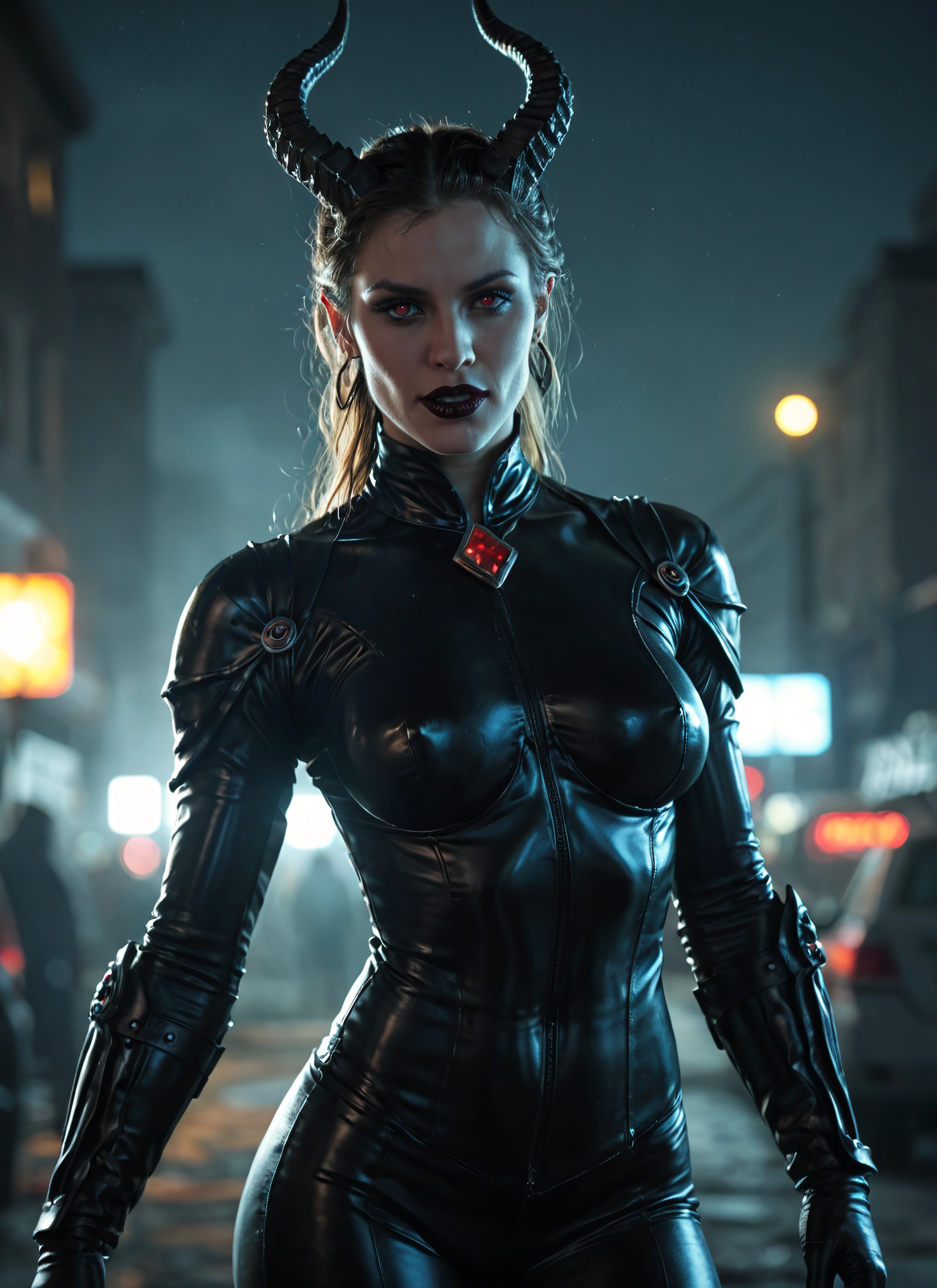 1girl, horns, bodysuit, solo, red eyes, jewelry · Yamete.gg