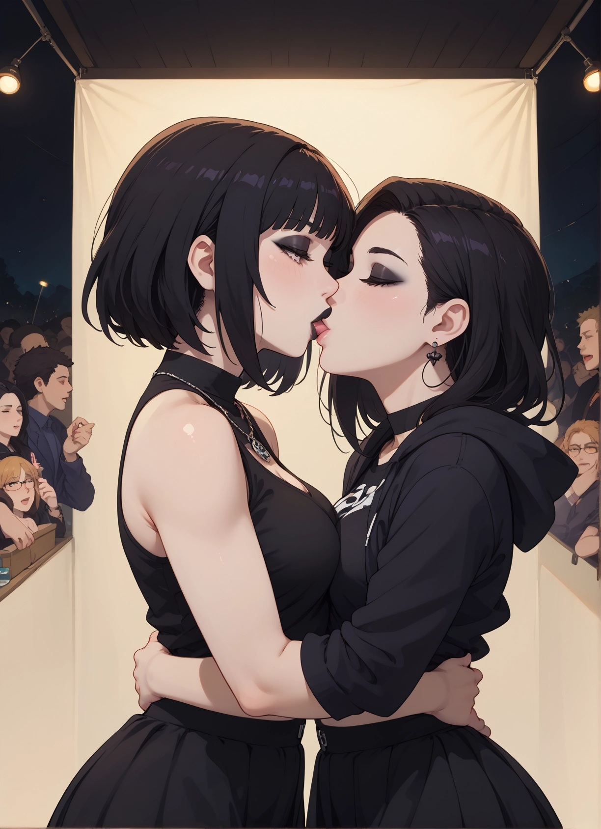 multiple girls, jewelry, kiss, earrings, breasts, black hair · Yamete.gg