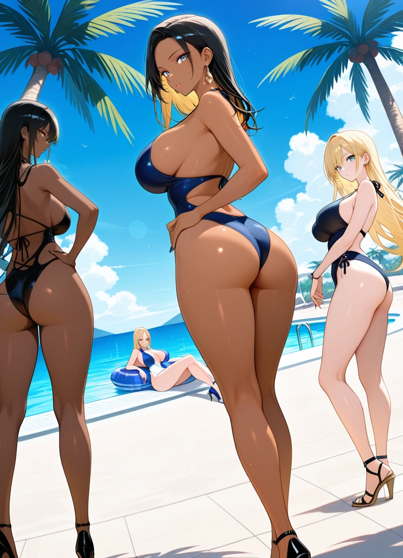 dark-skinned female, breasts, dark skin, ass, multiple girls, blonde hair · Yamete.gg