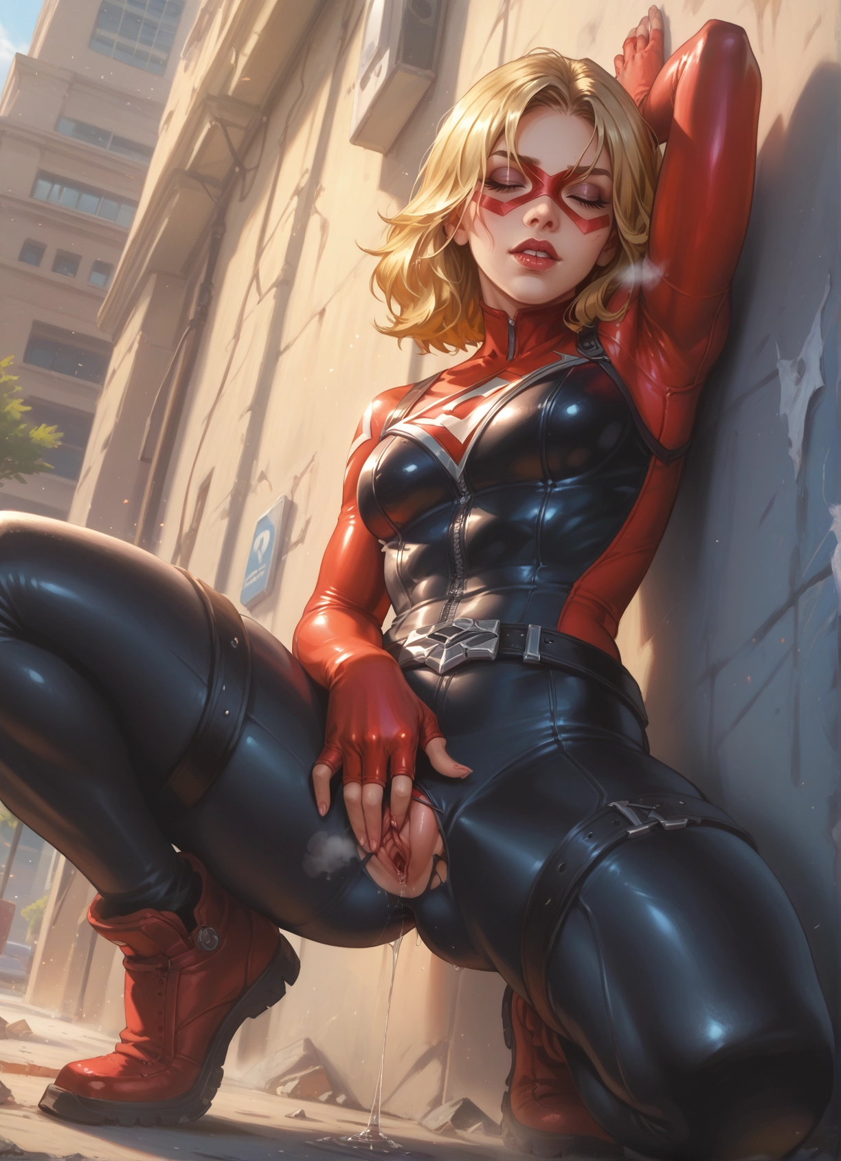 1girl, solo, pussy, blonde hair, pussy juice, mask · Yamete.gg