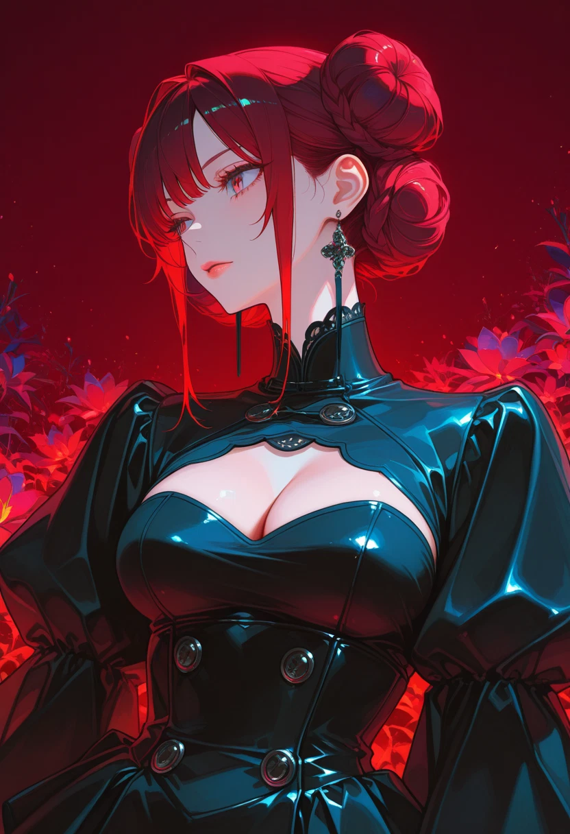 1girl, breasts, solo, hair bun, earrings, red hair · Yamete.gg