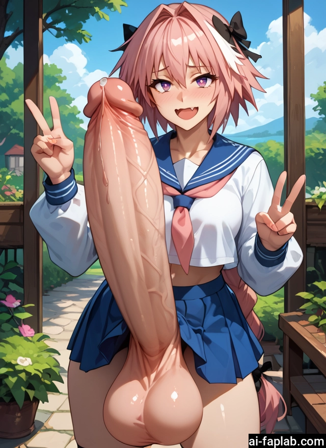 futanari, penis, pink hair, v, skirt, long hair · Yamete.gg
