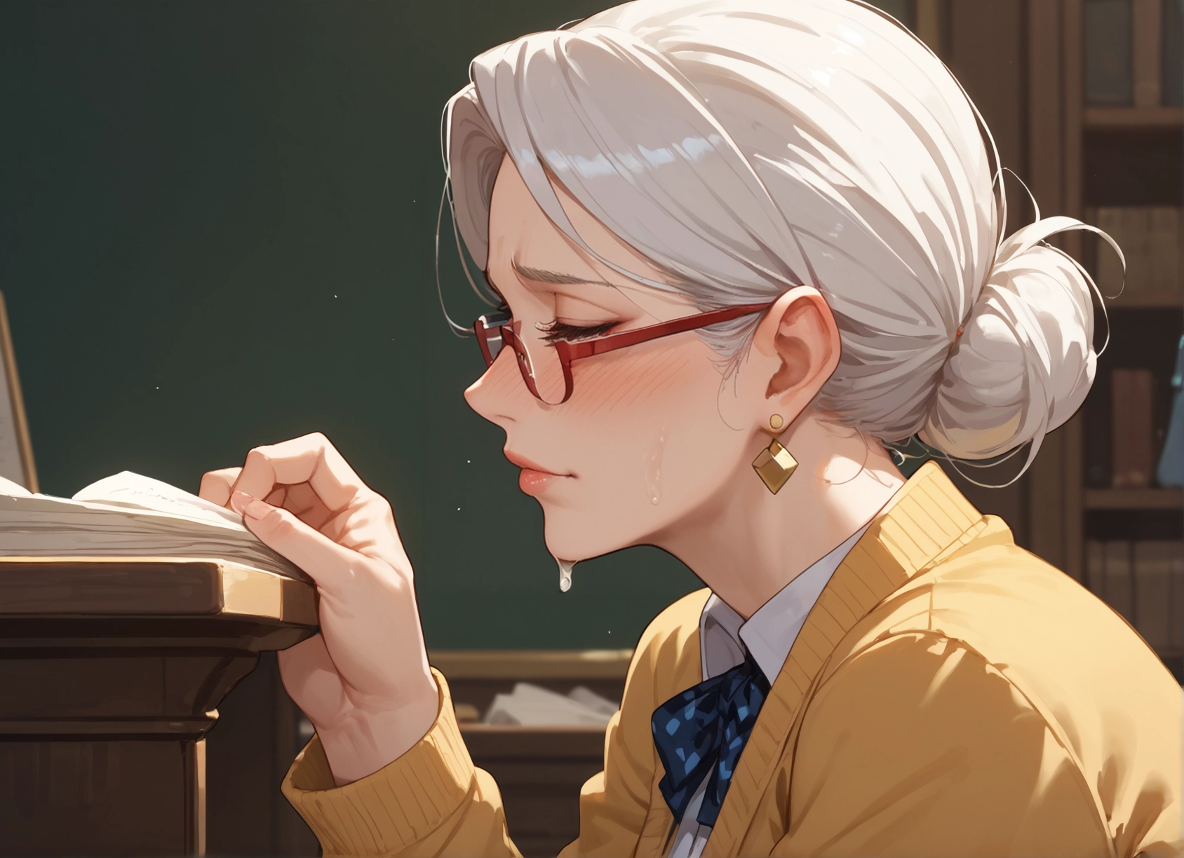 1girl, glasses, earrings, jewelry, solo, book · Yamete.gg