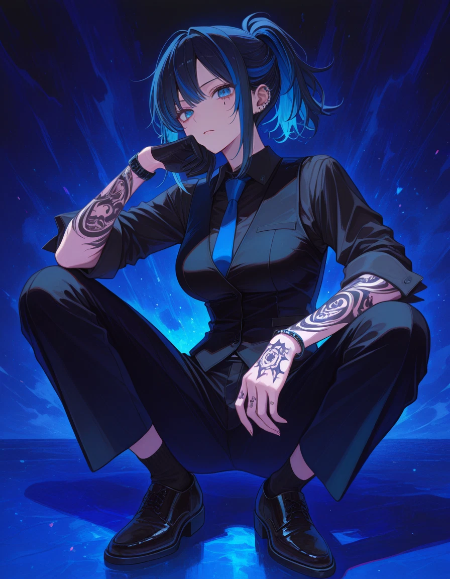1girl, solo, blue eyes, blue hair, pants, squatting · Yamete.gg