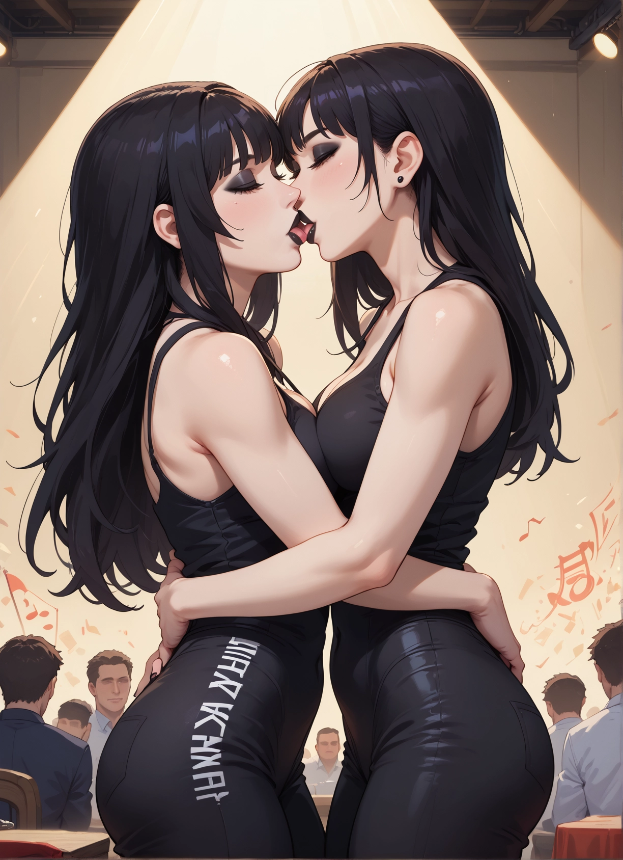 multiple girls, breasts, 2girls, black hair, long hair, kiss · Yamete.gg
