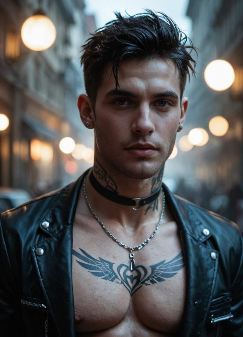 bara, tattoo, 1boy, jewelry, male focus, solo