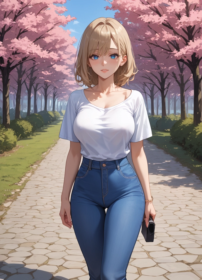 1girl, blue eyes, shirt, denim, breasts, pants