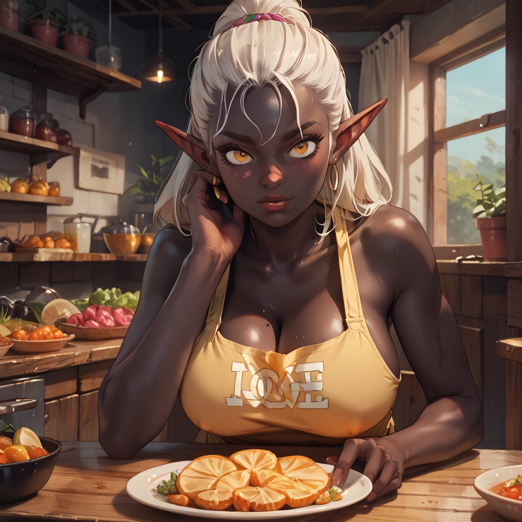 food, pointy ears, breasts, 1girl, earrings, jewelry · Yamete.gg