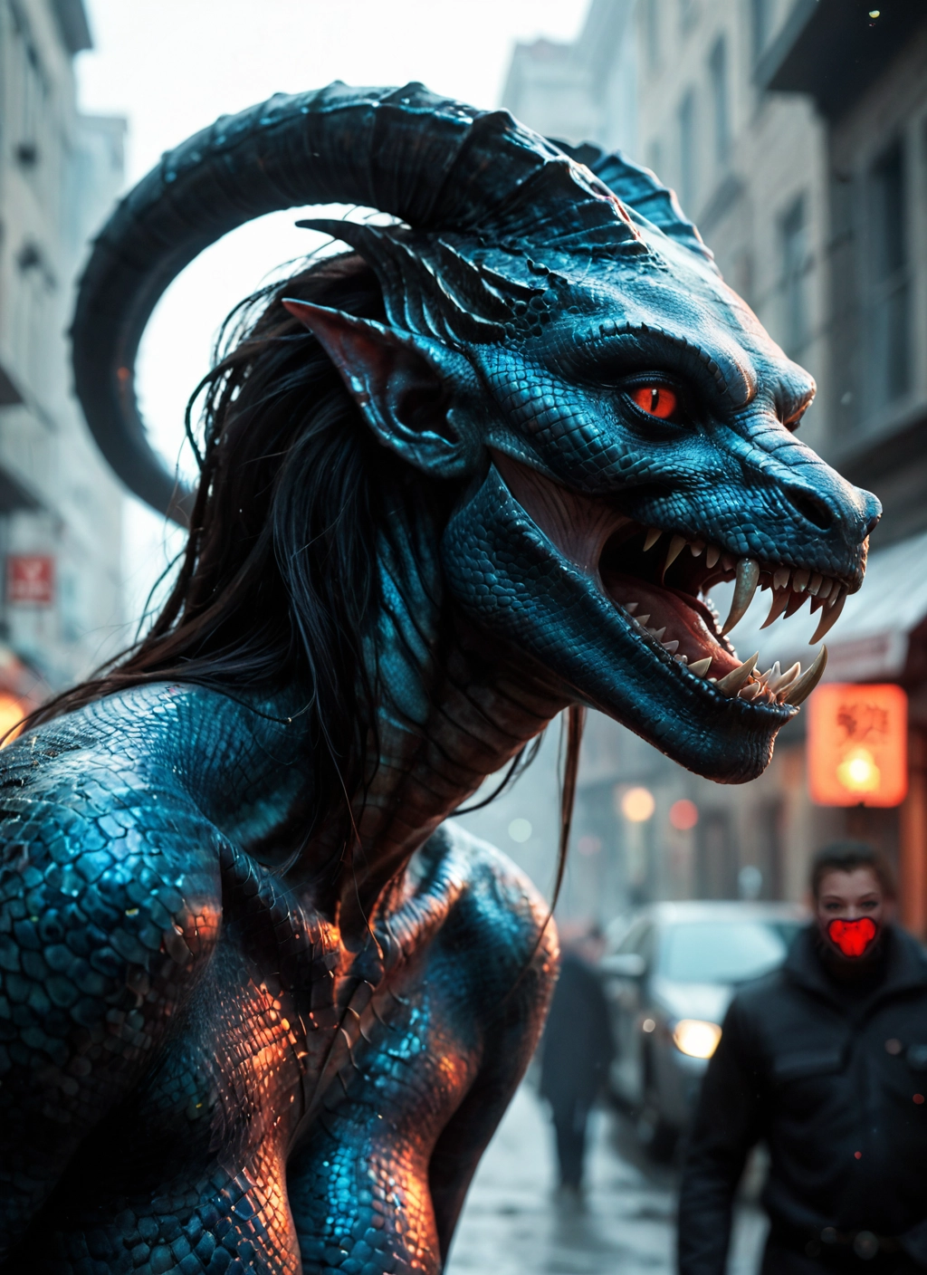open mouth, blurry, teeth, pointy ears, red eyes, sharp teeth · Yamete.gg