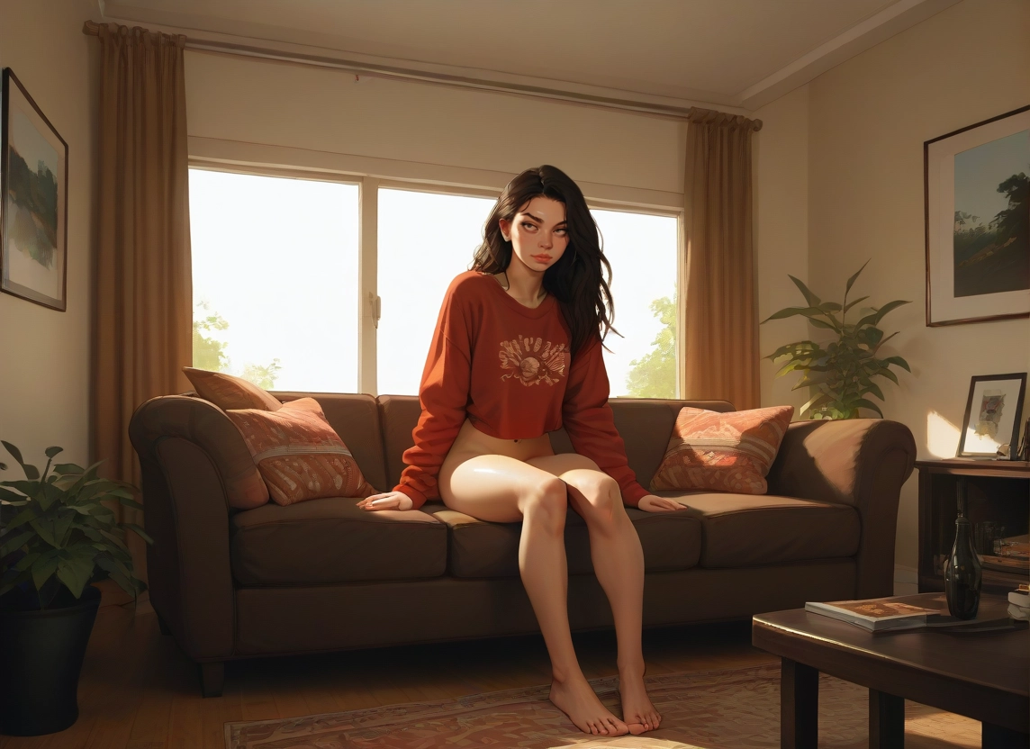 1girl, solo, barefoot, sitting, couch, long hair · Yamete.gg